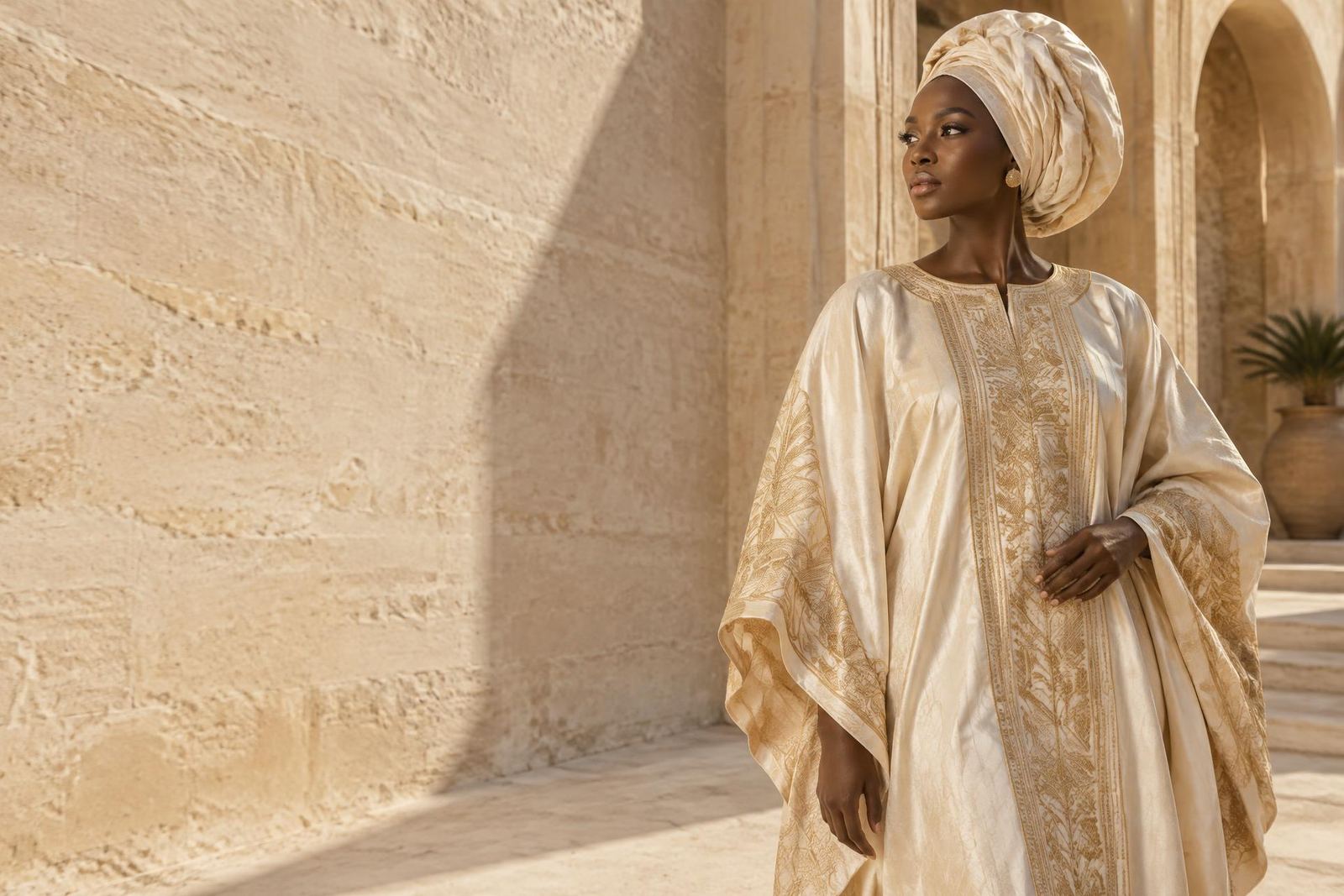 Inspiration éditoriale : boubou ivoire brodé d’or