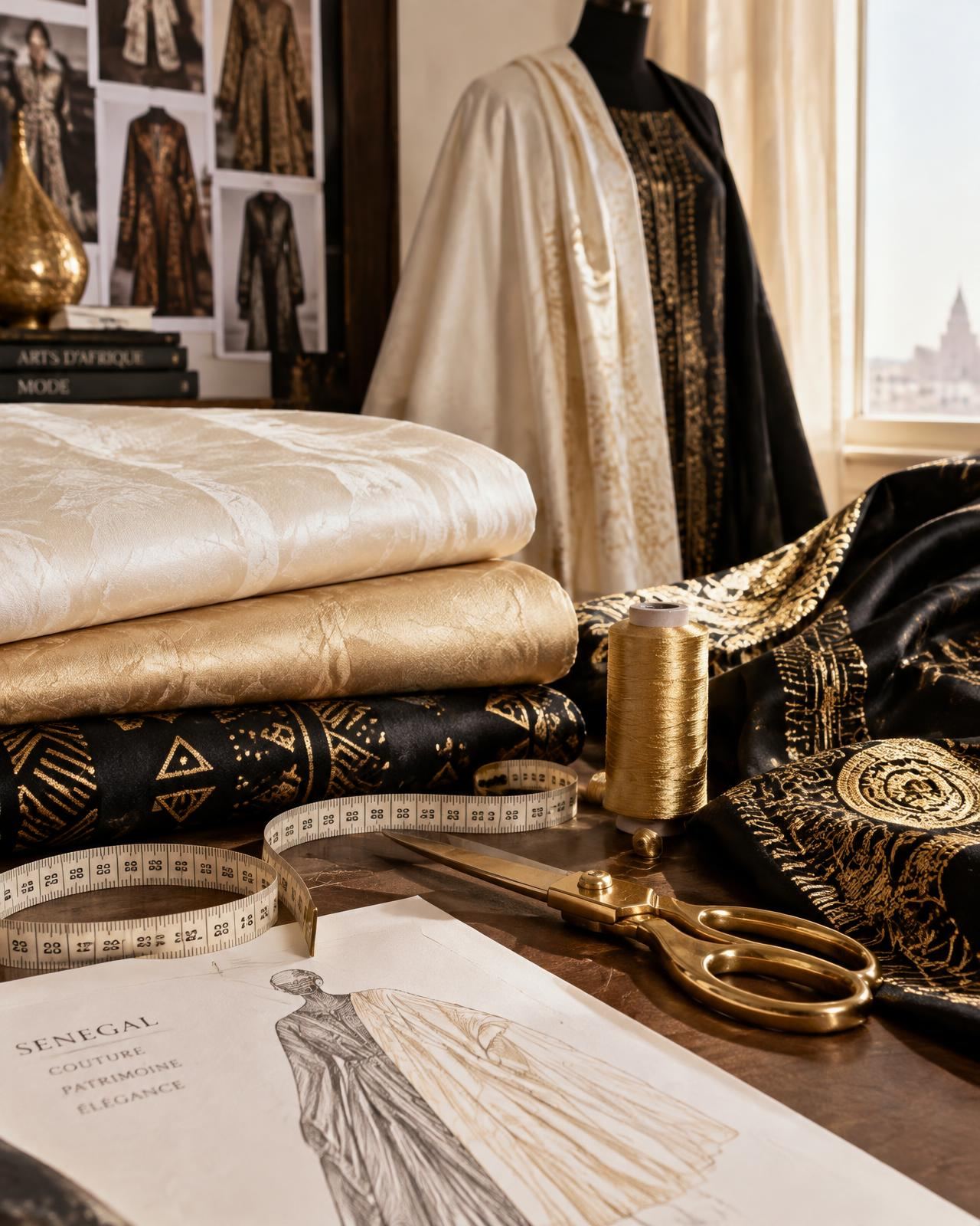 Tissus, ruban de mesure et ciseaux dorés sur la table de couture